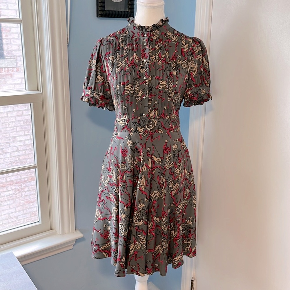 ANTHROPOLOGIE SILK Puff Sleeve Dress Mise En Scene RUFFIAN Shirt Swing Dress 40s